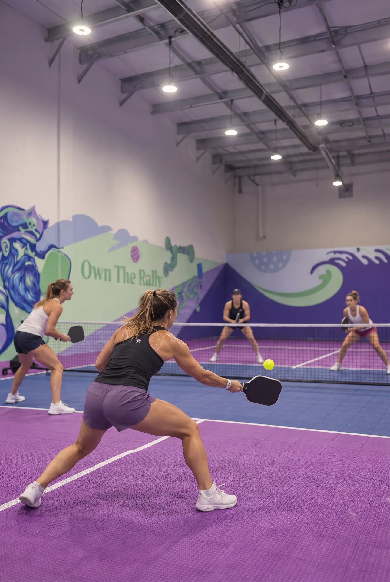 Women's doubles players trading shots beneath the Own The Rally mural at Pickleball Cove