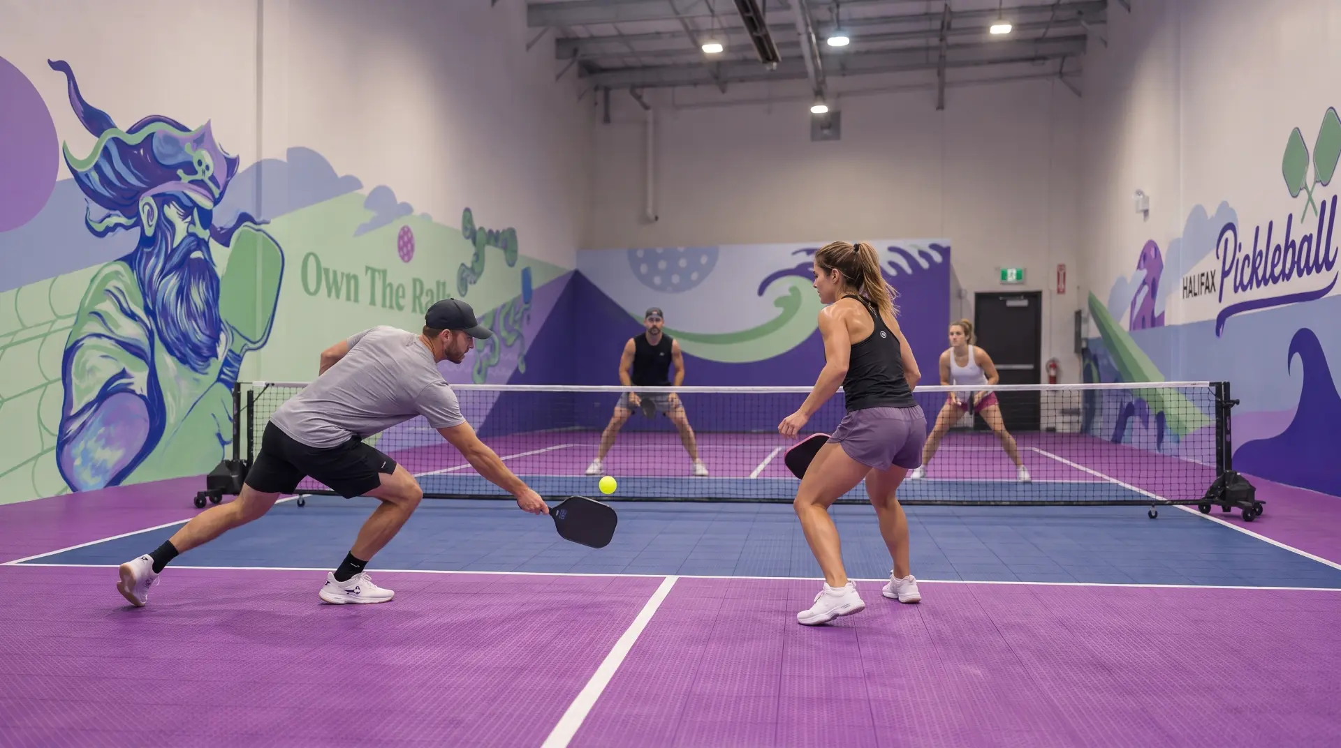Four players in a mixed doubles rally beside the Roger the Pirate mural and the Halifax Pickleball wall at Pickleball Cove