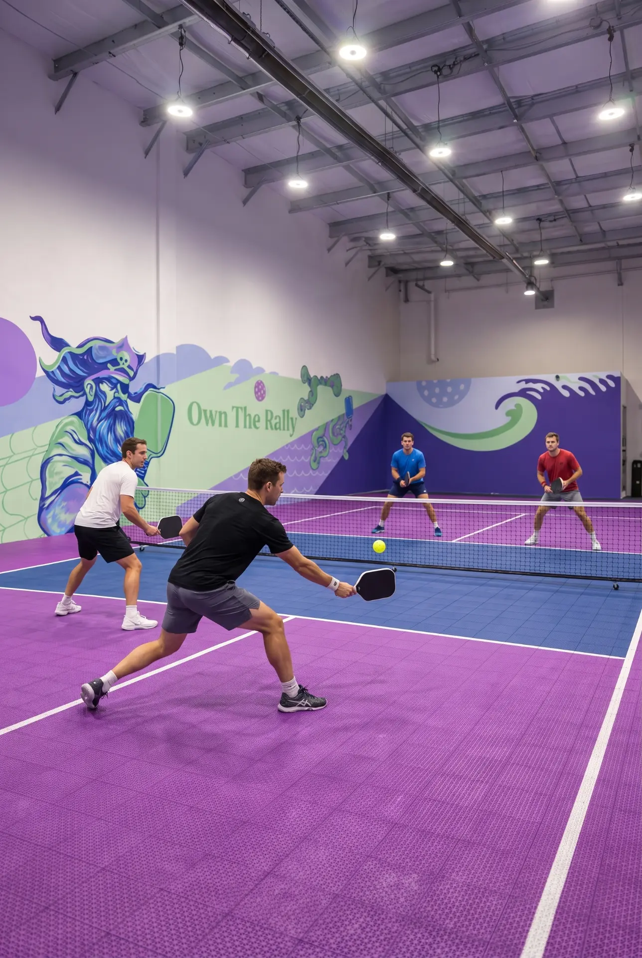 Men's doubles rally under the Own The Rally mural at Pickleball Cove