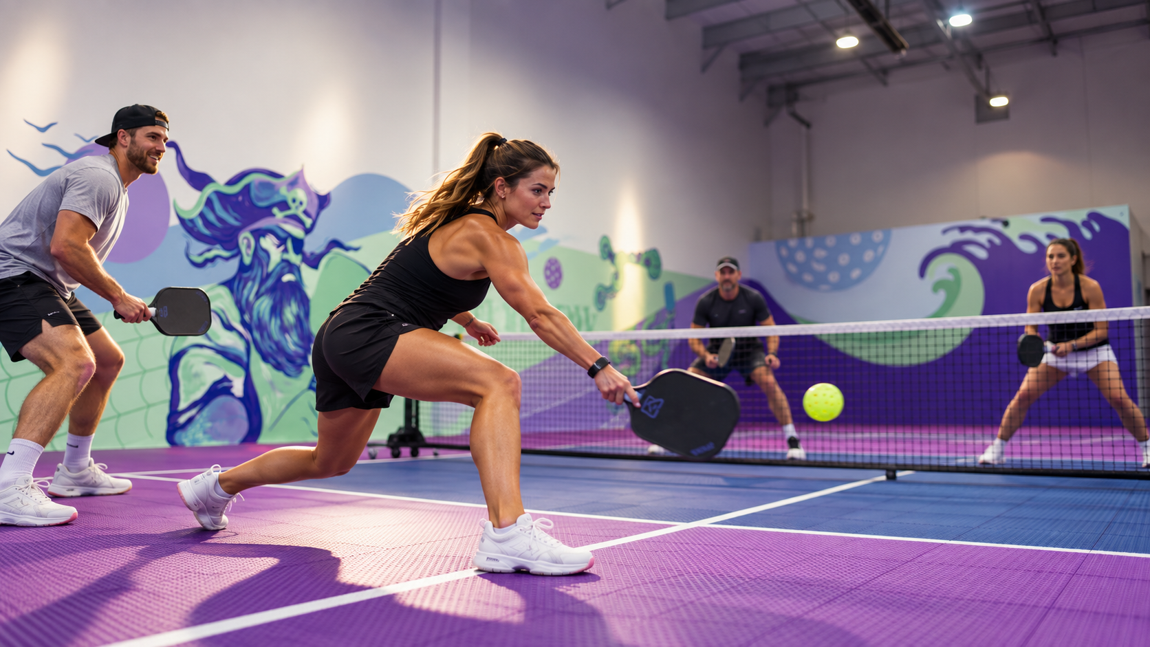 A player reaching for a low shot during a fast doubles rally at Pickleball Cove